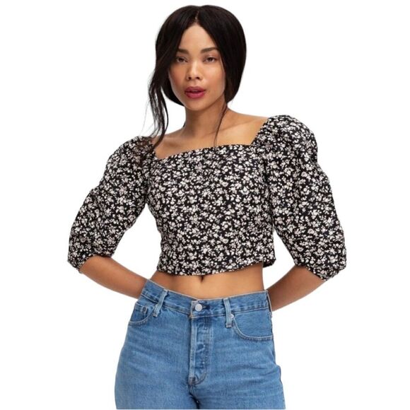 Levi’s The Statement Blouse Black Floral Puff Sleeve Cropped Top L - Picture 1 of 7